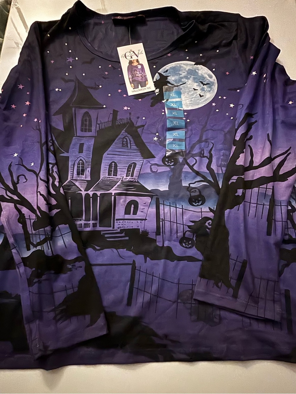 Women Gloria Vanderbilt Purple Halloween Haunted House Long Sleeve Top